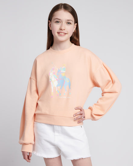 Girls Double Horsemen Puff Sleeve Sweat in Peach Nectar