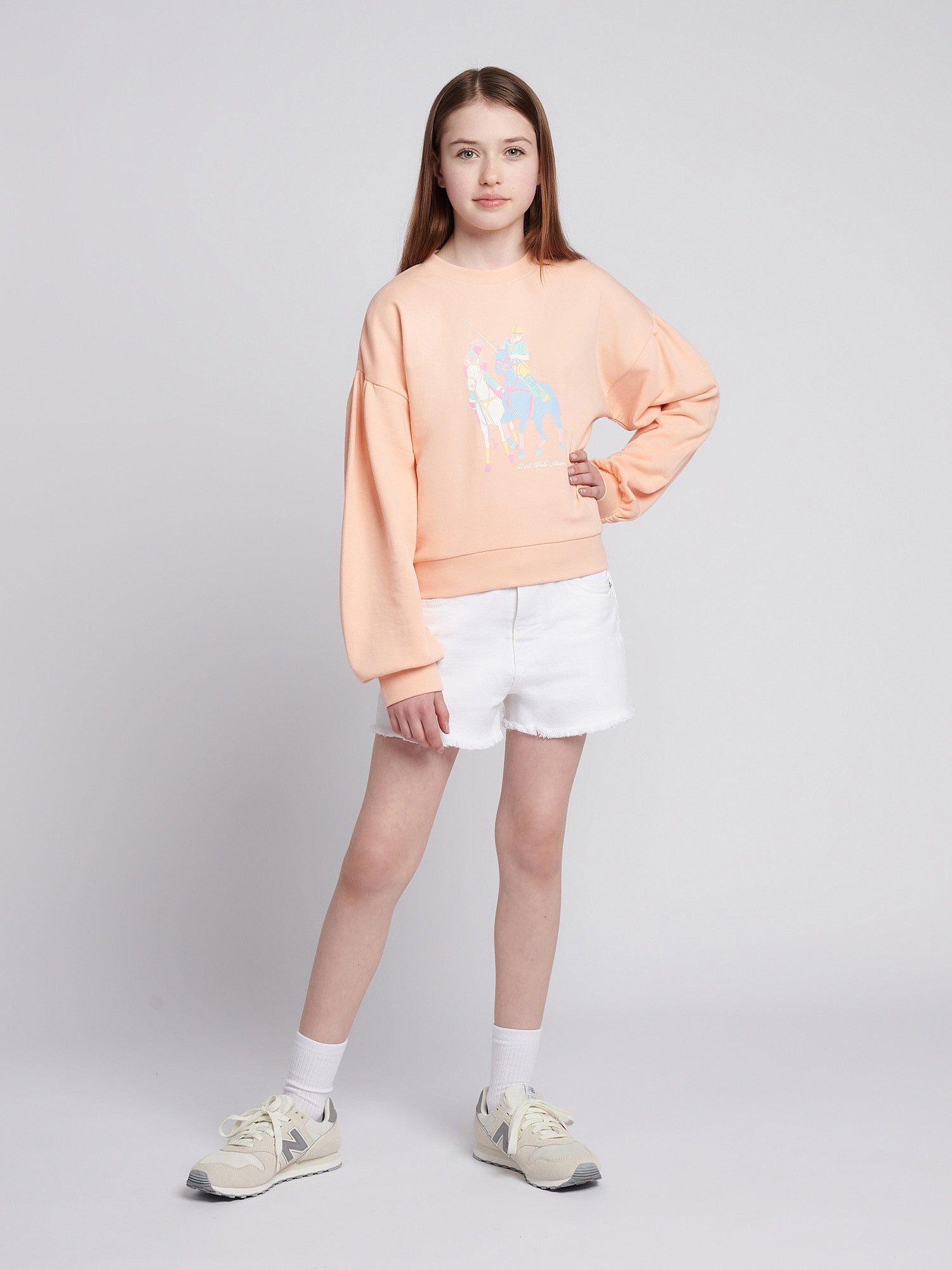 Girls Double Horsemen Puff Sleeve Sweat in Peach Nectar