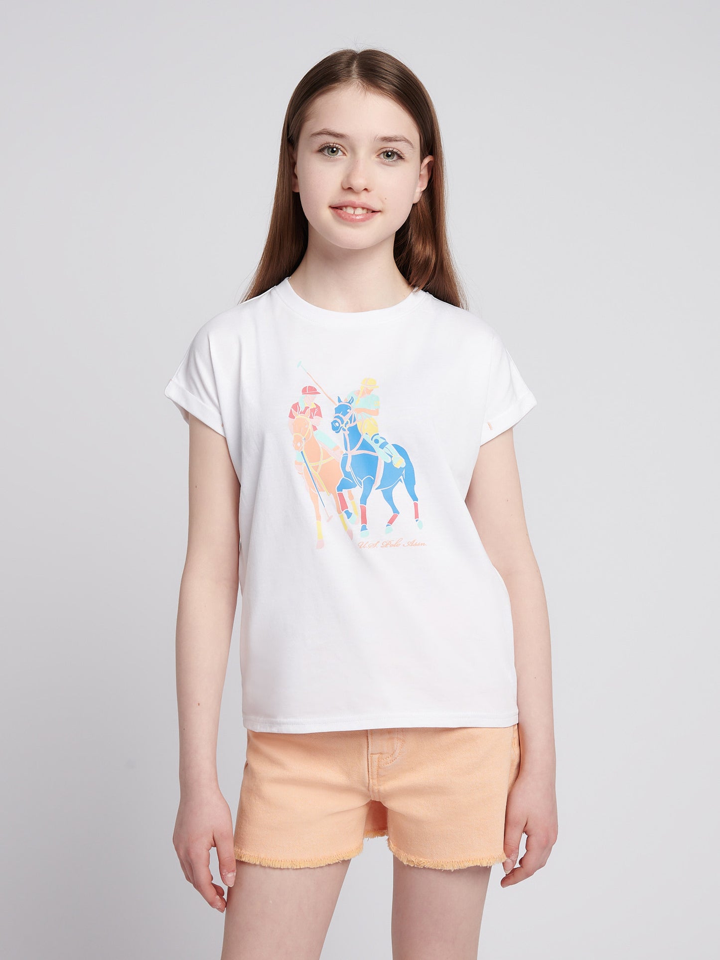 Girls Roll Sleeve Double Horsemen Graphic T-Shirt in Bright White