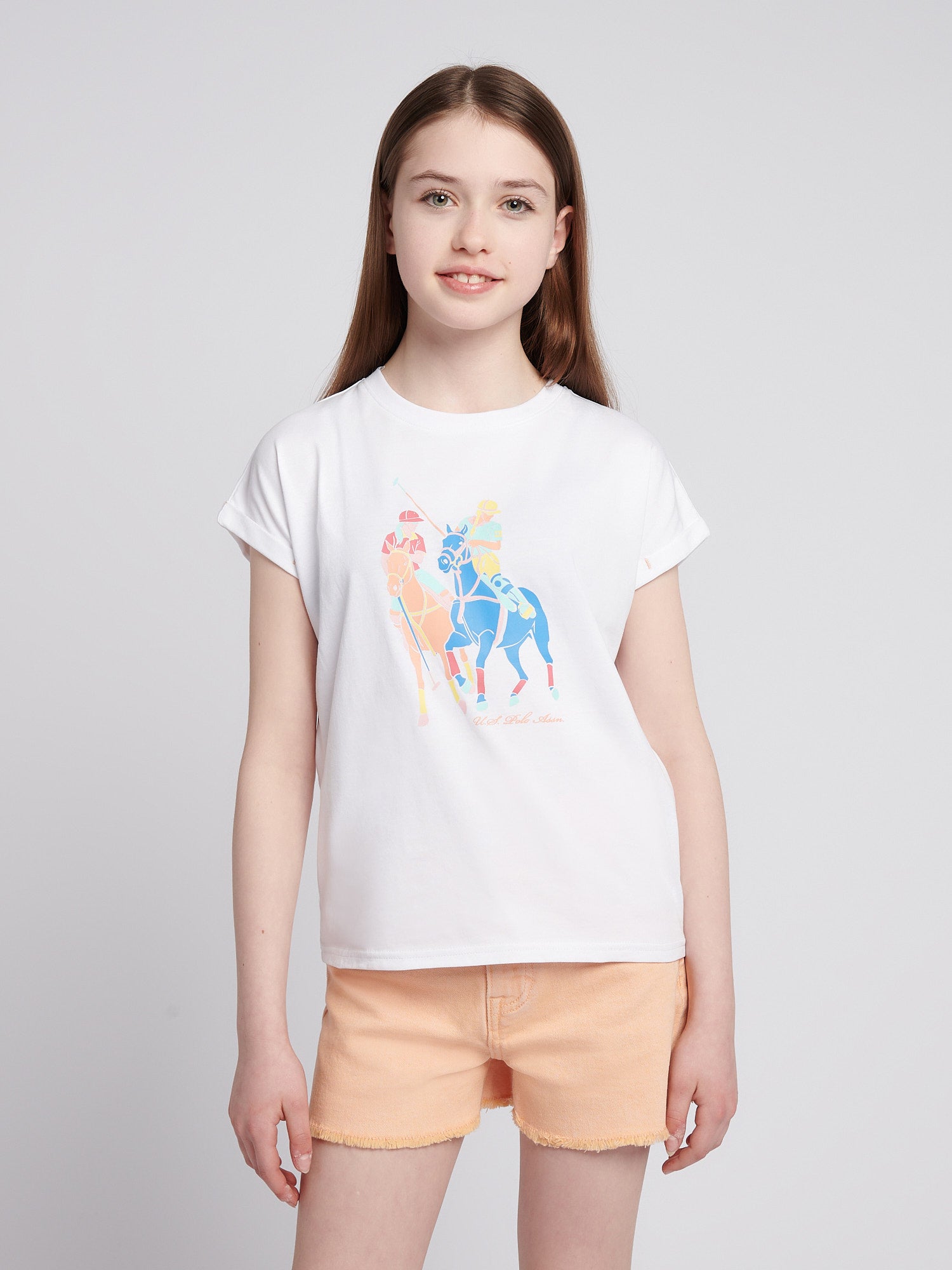 Girls Roll Sleeve Double Horsemen Graphic T-Shirt in Bright White