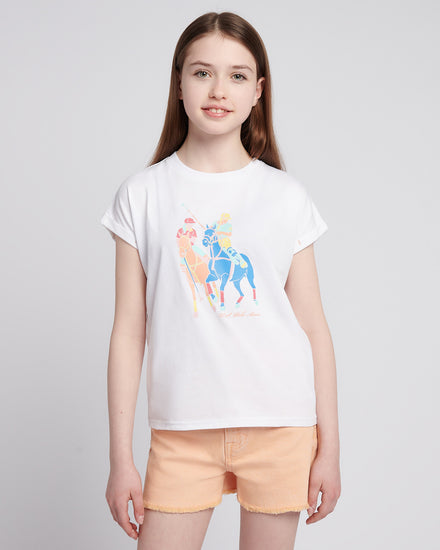 Girls Roll Sleeve Double Horsemen Graphic T-Shirt in Bright White
