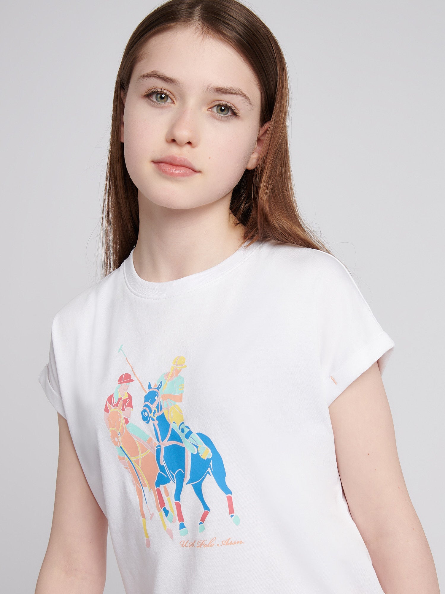 Girls Roll Sleeve Double Horsemen Graphic T-Shirt in Bright White
