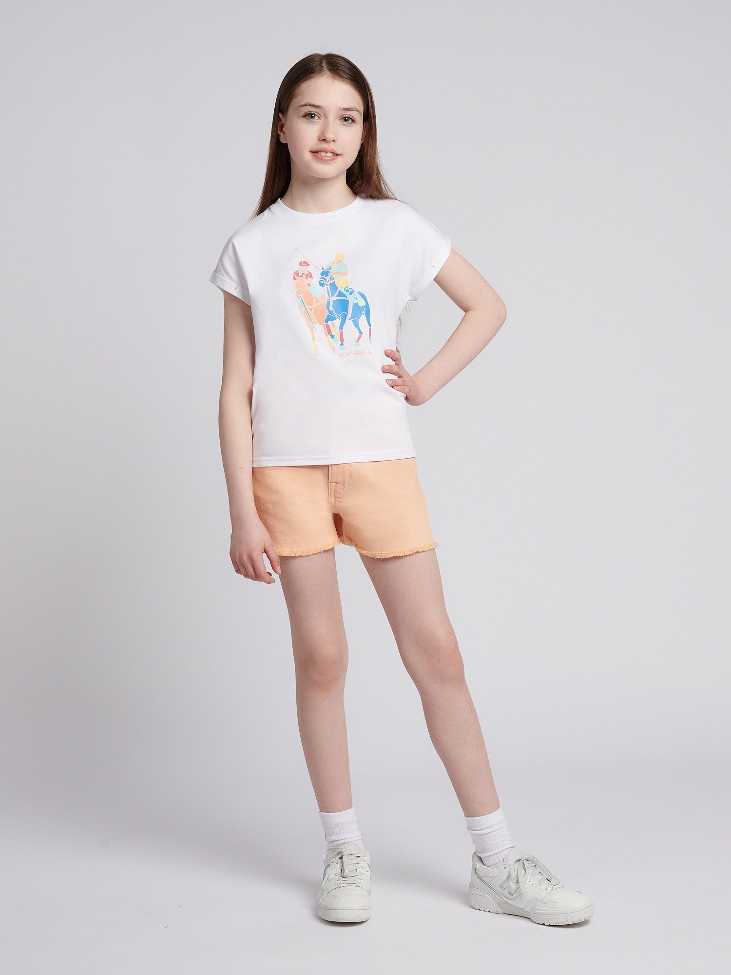 Girls Roll Sleeve Double Horsemen Graphic T-Shirt in Bright White