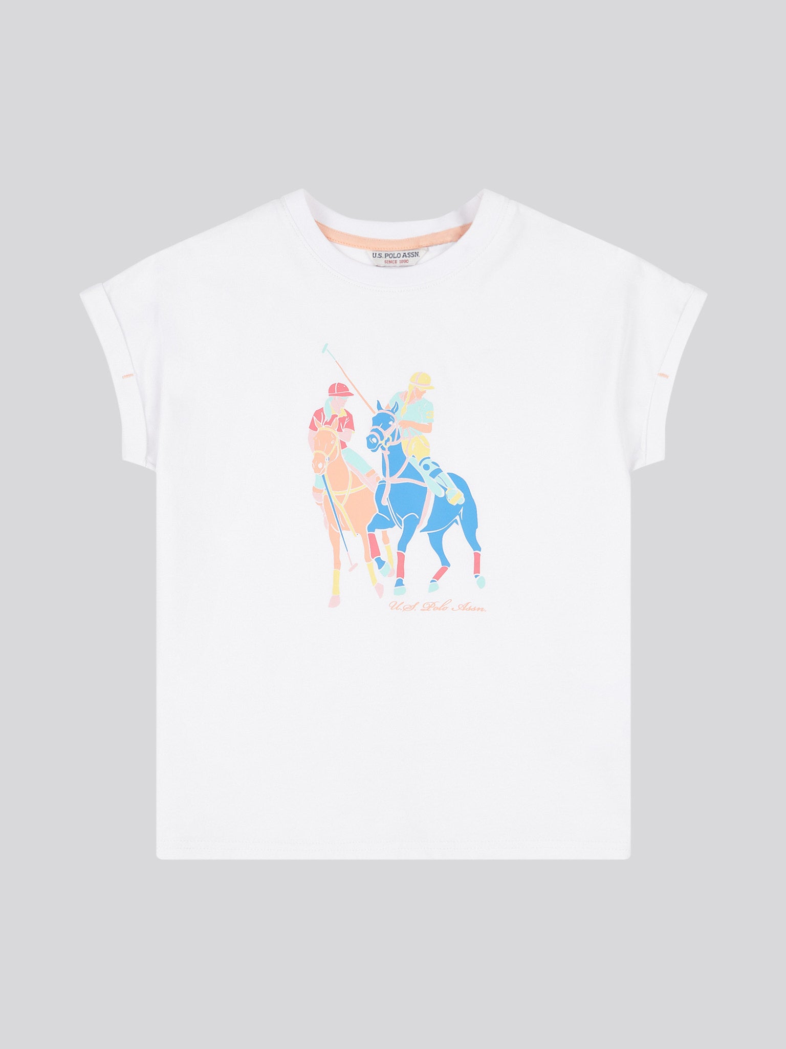 Girls Roll Sleeve Double Horsemen Graphic T-Shirt in Bright White