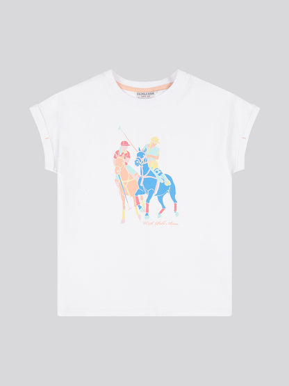 Girls Roll Sleeve Double Horsemen Graphic T-Shirt in Bright White