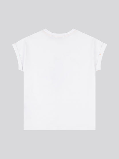 Girls Roll Sleeve Double Horsemen Graphic T-Shirt in Bright White