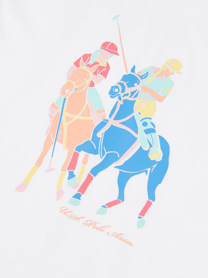 Girls Roll Sleeve Double Horsemen Graphic T-Shirt in Bright White