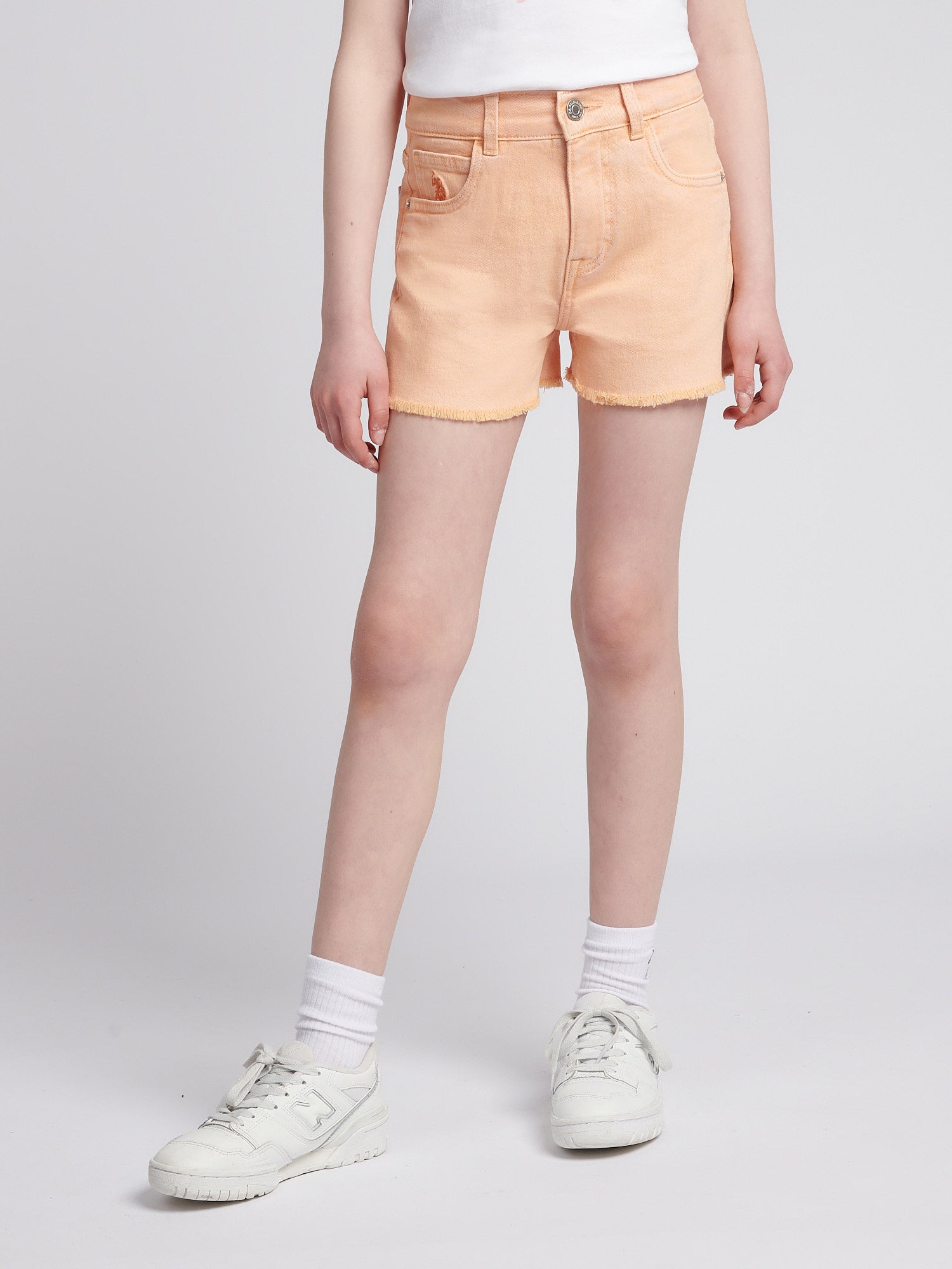 Girls Wash Denim Shorts in Peach Nectar