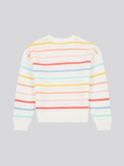 Girls Pointelle Stripe Knit Jumper in Bright White