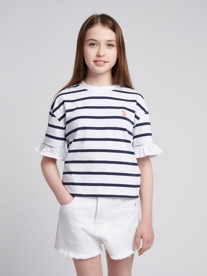Girls Stripe Frill Cuff T-Shirt in Bright White