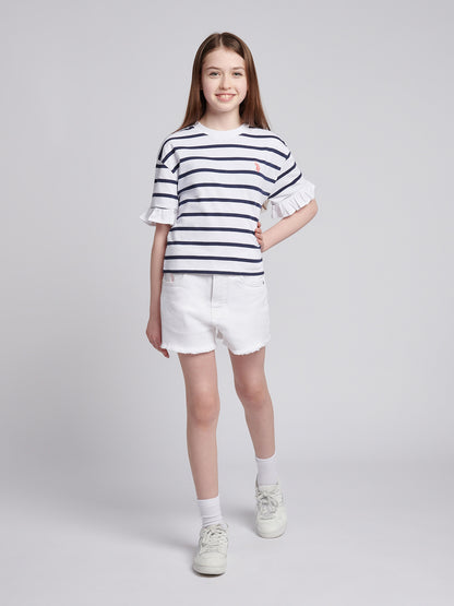 Girls Stripe Frill Cuff T-Shirt in Bright White