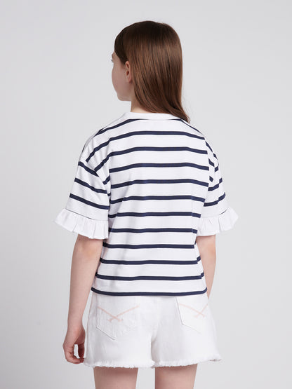 Girls Stripe Frill Cuff T-Shirt in Bright White
