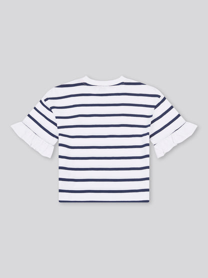 Girls Stripe Frill Cuff T-Shirt in Bright White