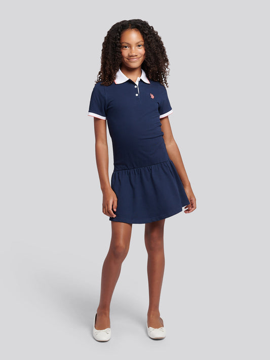 Girls Fril Skirt Polo Dress in Navy Iris