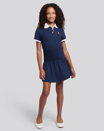 Girls Fril Skirt Polo Dress in Navy Iris