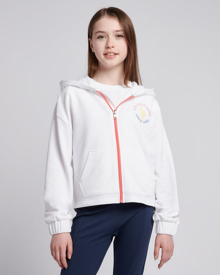 Girls Graphic Zip Through Sweat in Bright White