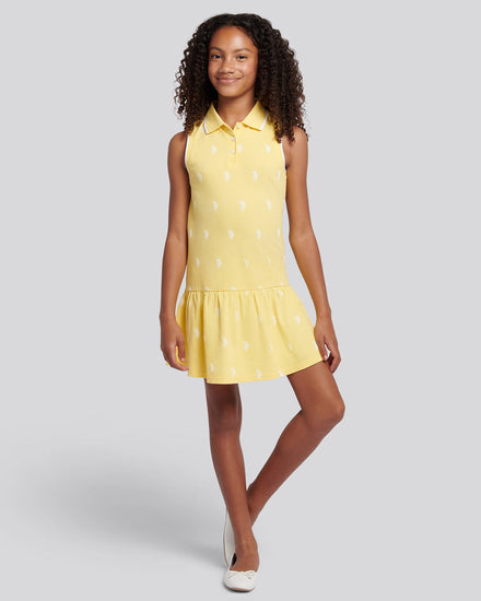 Girls Double Horsemen Print Polo Dress in Sunshine