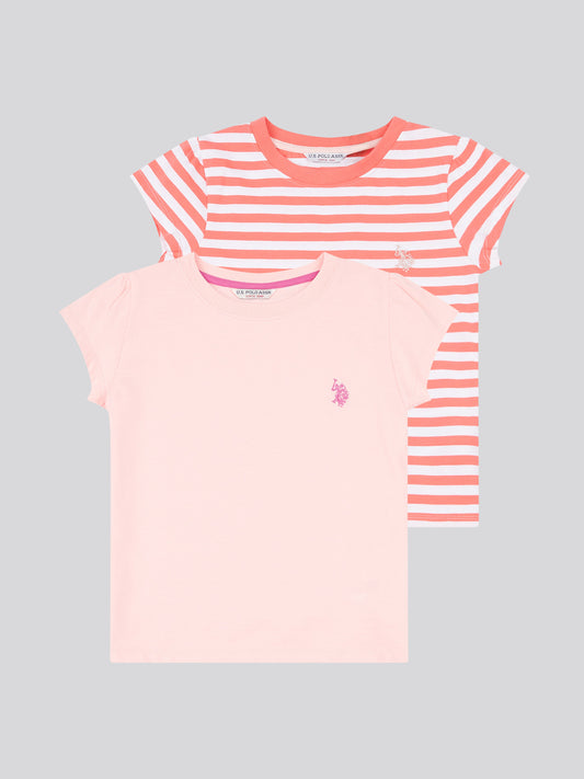 Girls Double Horsemen Mixed 2 Pack Cap Sleeve Tees in Sugar Coral