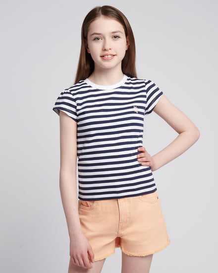 Girls Double Horsemen Mixed 2 Pack Cap Sleeve Tees in Navy Iris