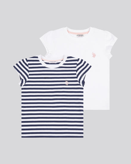 Girls Double Horsemen Mixed 2 Pack Cap Sleeve Tees in Navy Iris