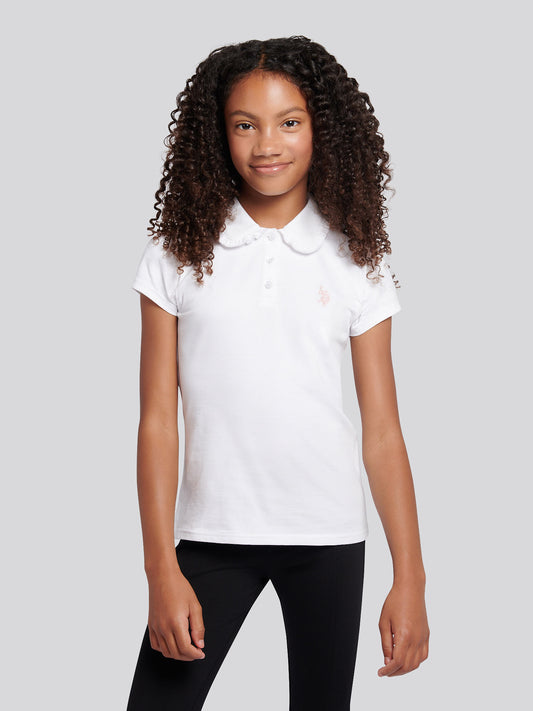 Girls Scallop Collar Polo Shirt in Bright White