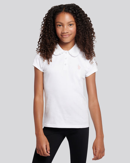 Girls Scallop Collar Polo Shirt in Bright White