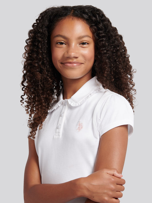 Girls Scallop Collar Polo Shirt in Bright White
