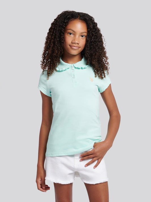 Girls Scallop Collar Polo Shirt in Blue Light