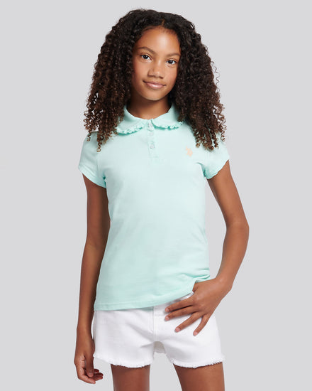 Girls Scallop Collar Polo Shirt in Blue Light