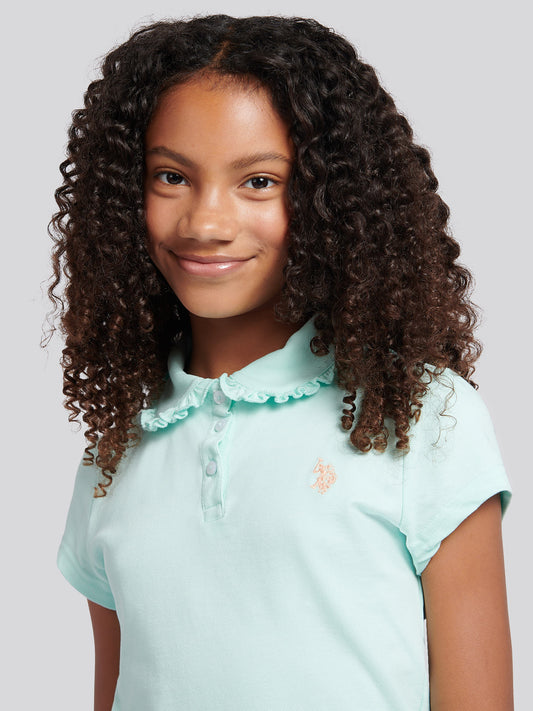 Girls Scallop Collar Polo Shirt in Blue Light