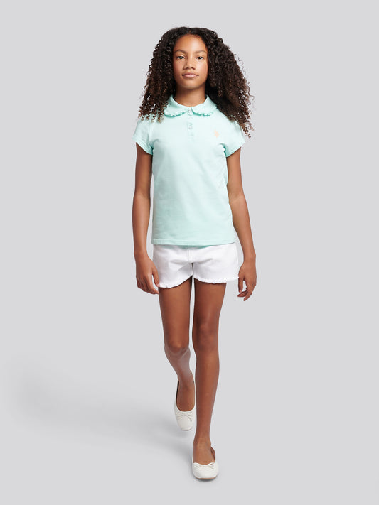 Girls Scallop Collar Polo Shirt in Blue Light