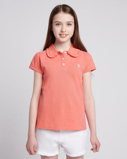 Girls Scallop Collar Polo Shirt in Sugar Coral