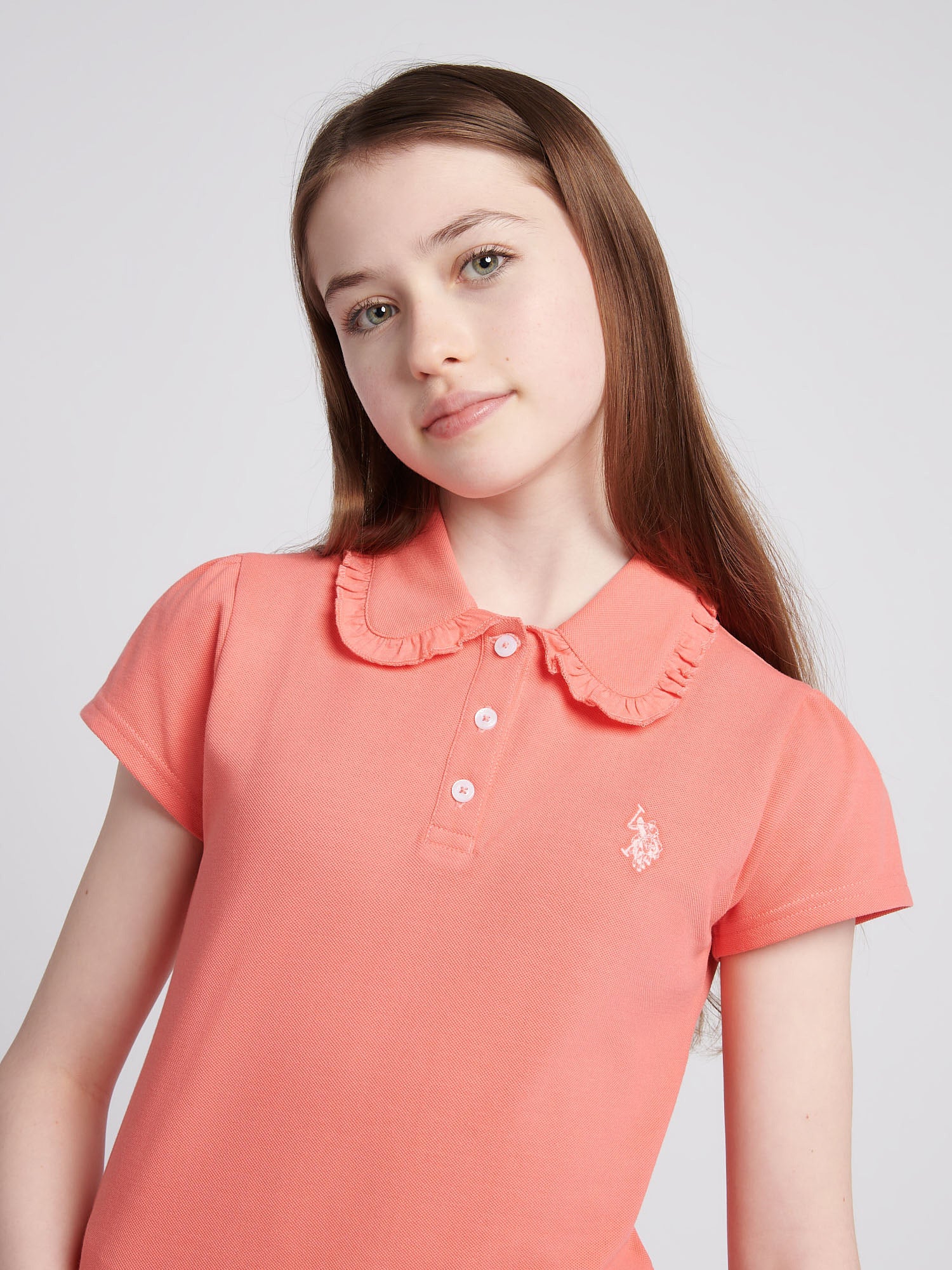 Girls Scallop Collar Polo Shirt in Sugar Coral