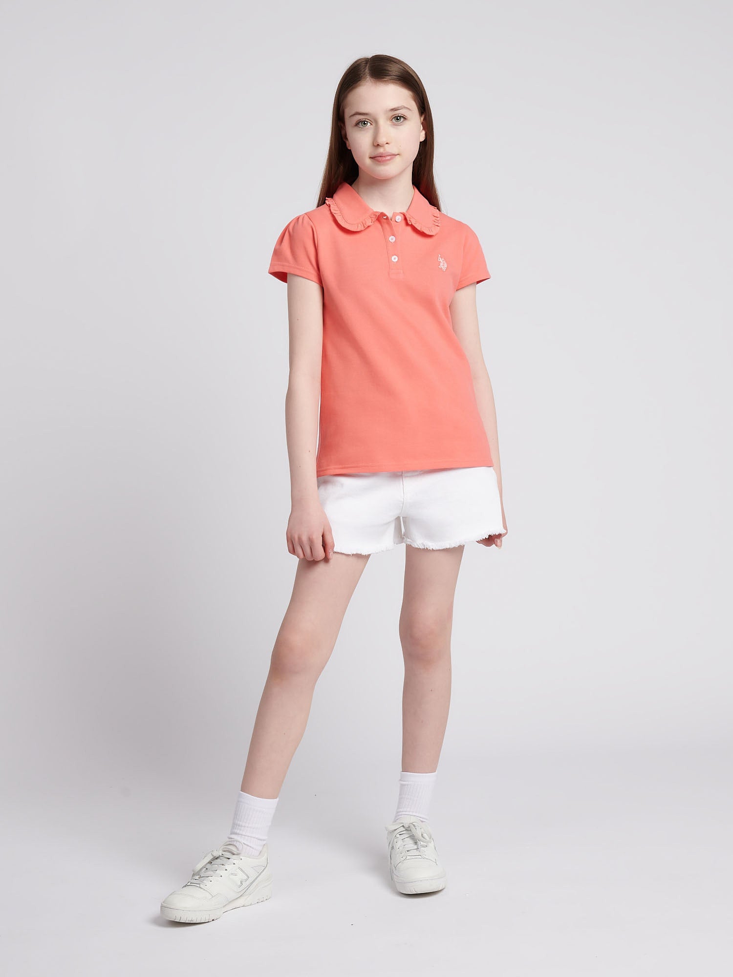 Girls Scallop Collar Polo Shirt in Sugar Coral