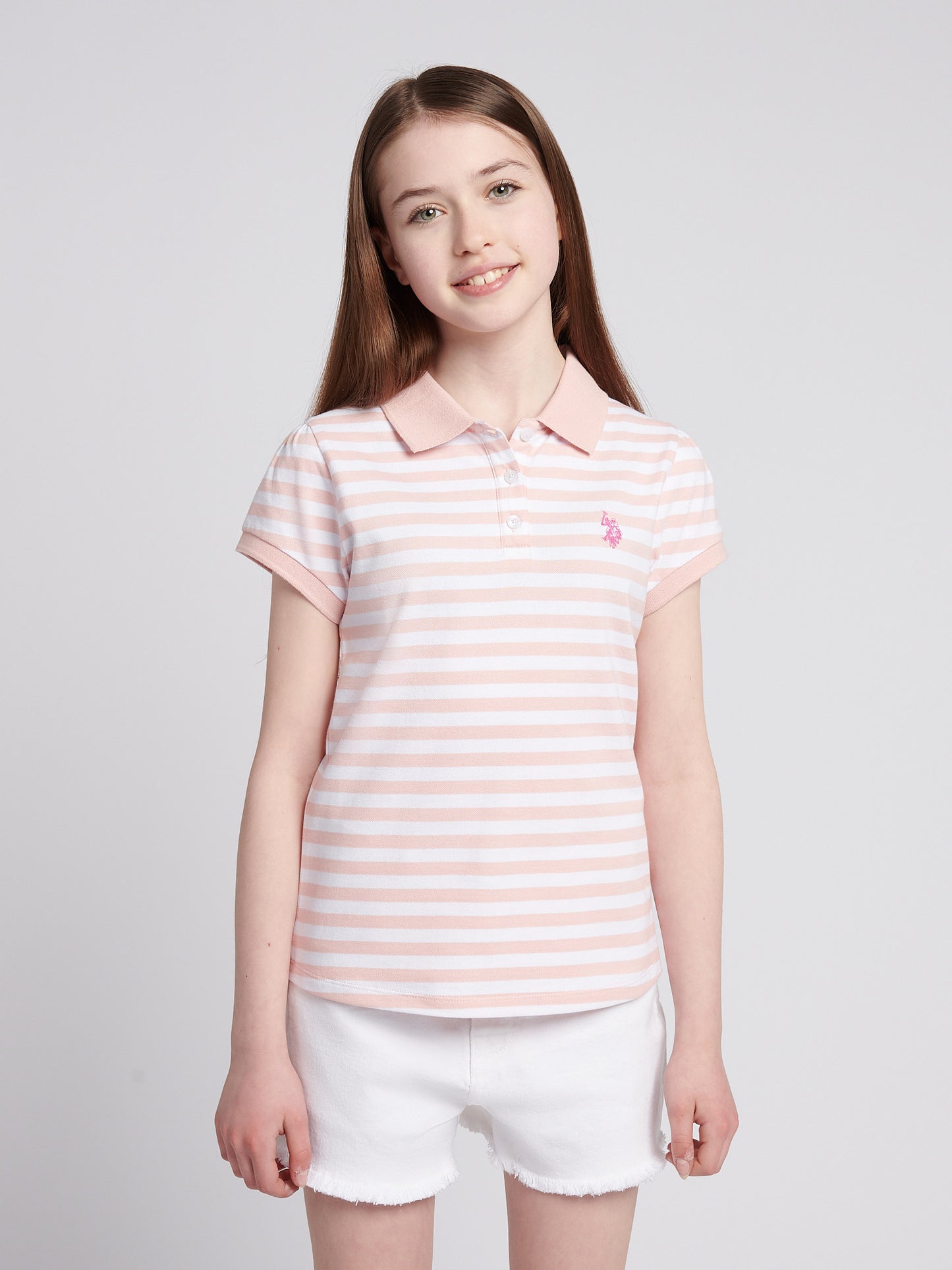Girls Cap Sleeve Stripe Polo Shirt in Crystal Rose