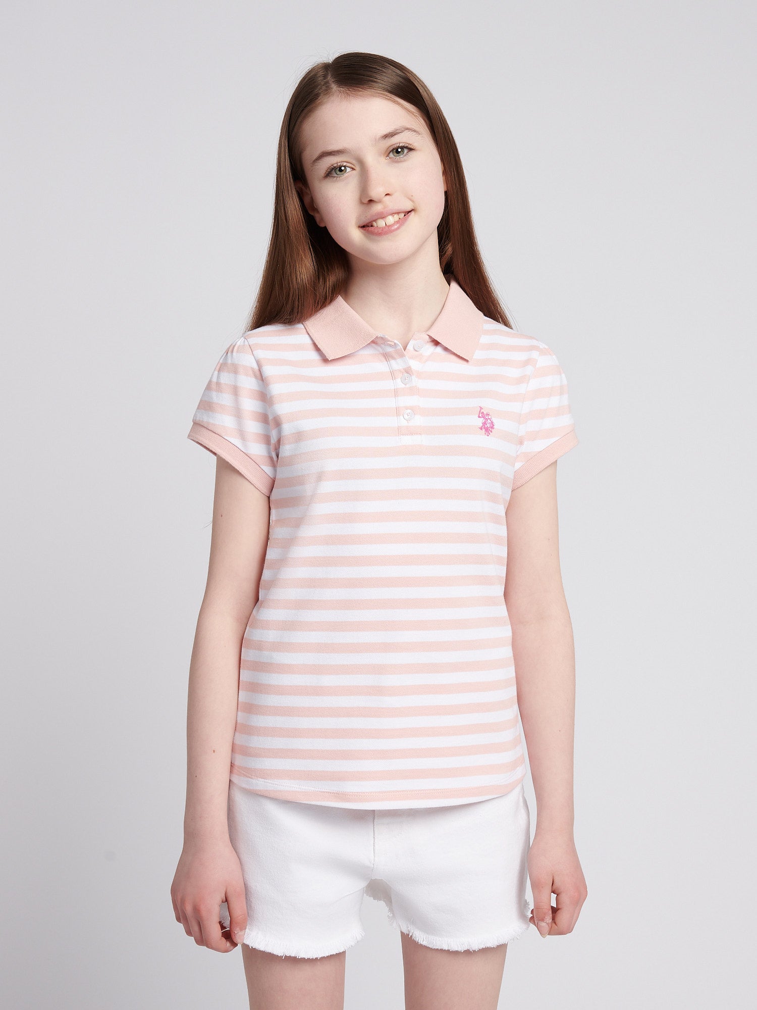 Girls Cap Sleeve Stripe Polo Shirt in Crystal Rose