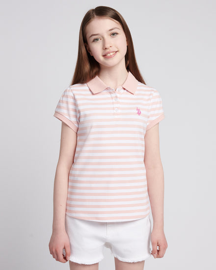Girls Cap Sleeve Stripe Polo Shirt in Crystal Rose