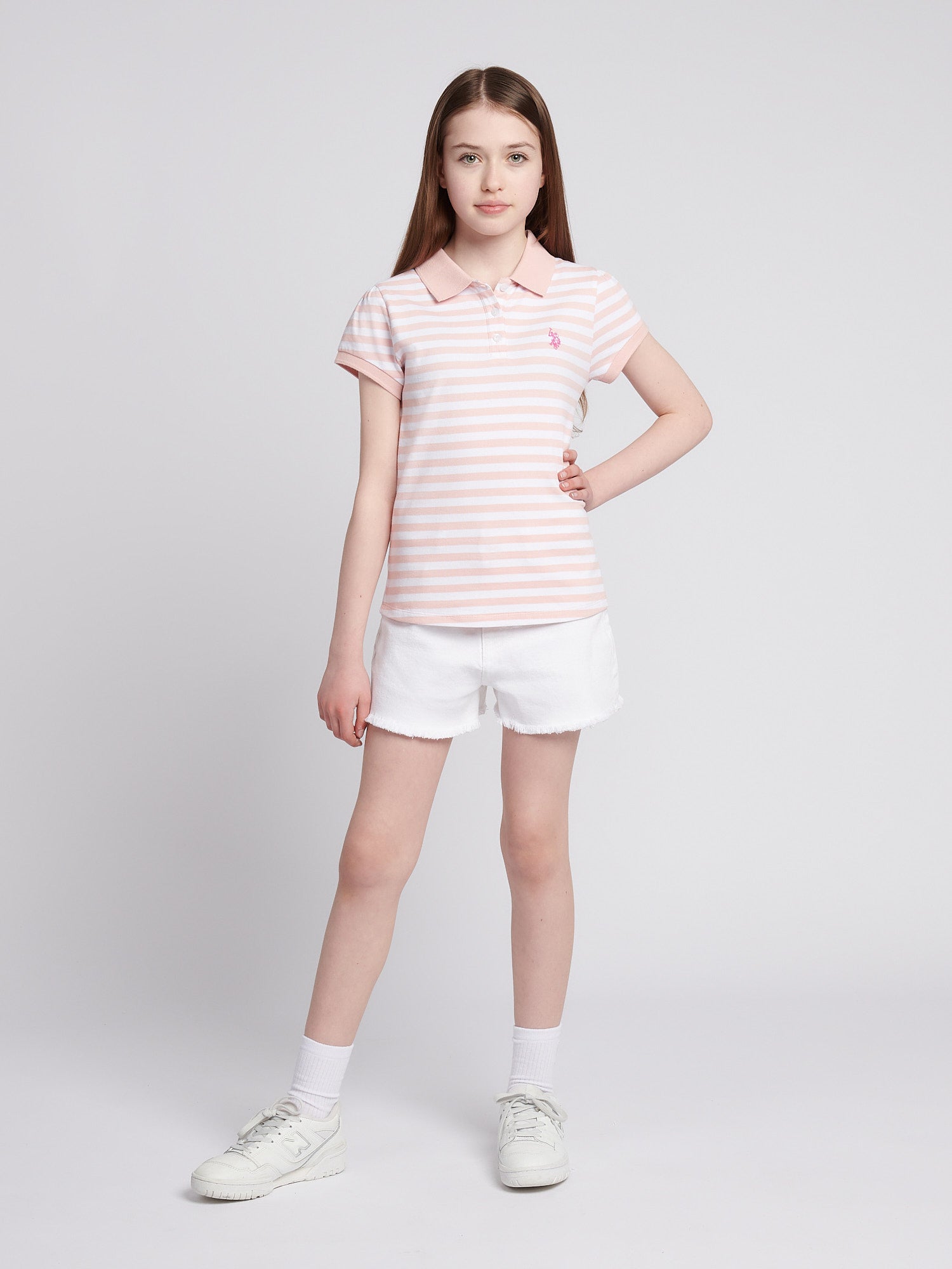 Girls Cap Sleeve Stripe Polo Shirt in Crystal Rose