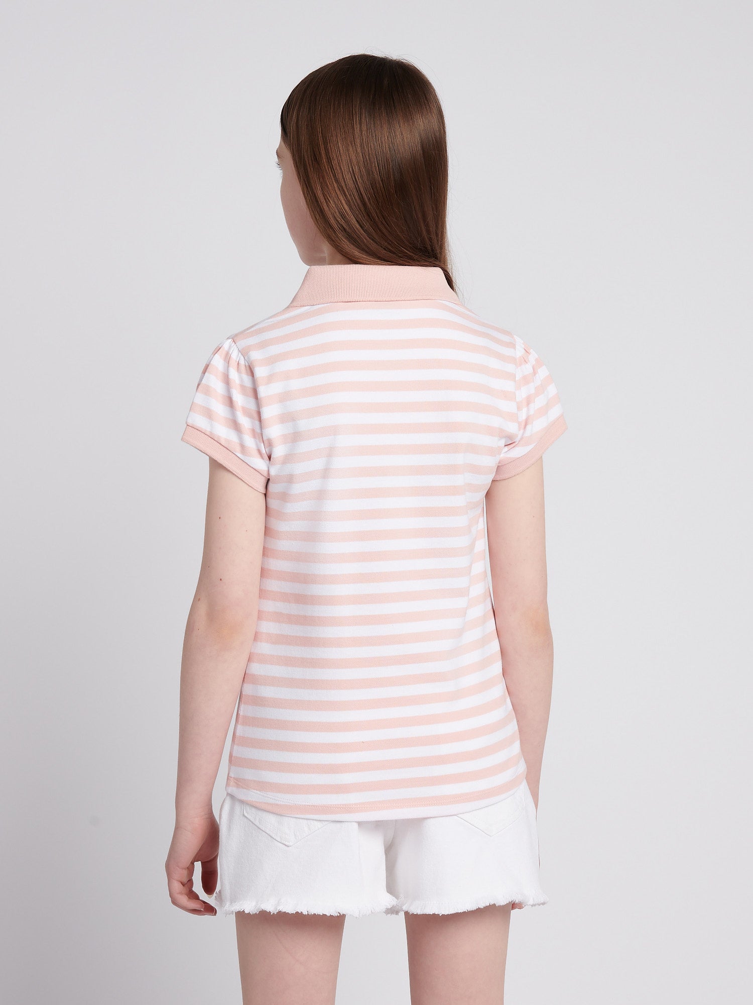 Girls Cap Sleeve Stripe Polo Shirt in Crystal Rose