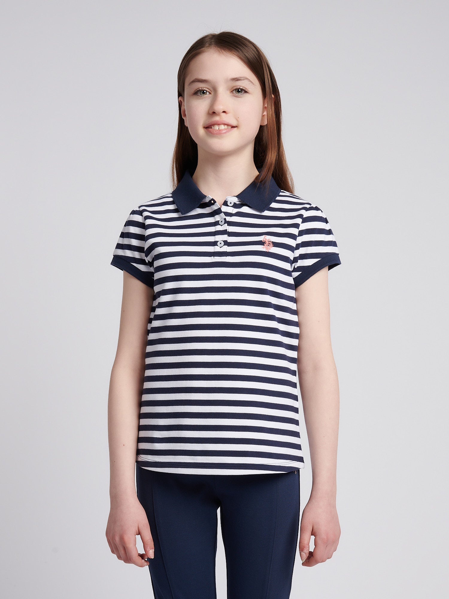 Girls Cap Sleeve Stripe Polo Shirt in Navy Iris