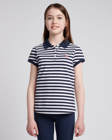 Girls Cap Sleeve Stripe Polo Shirt in Navy Iris