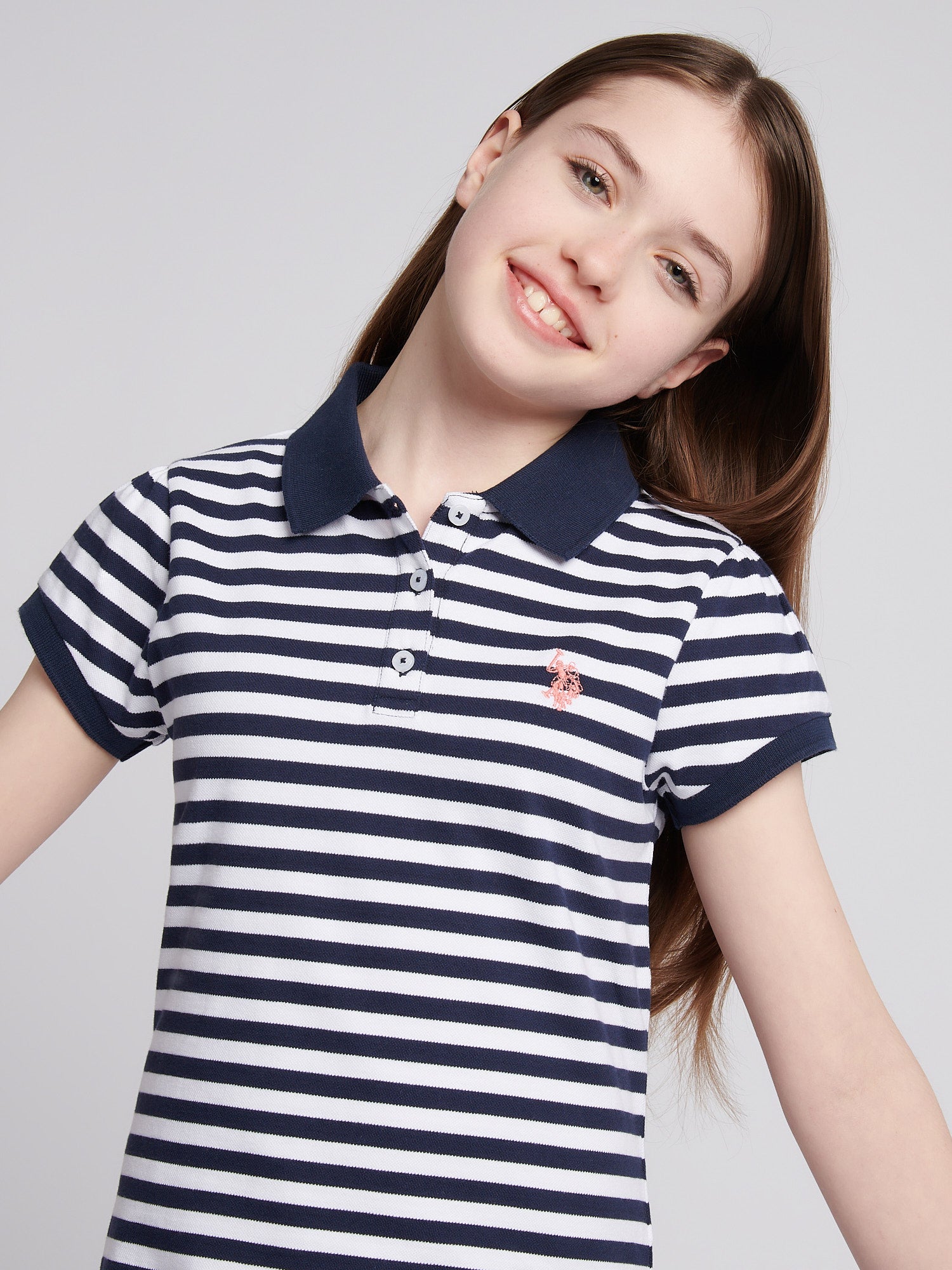 Girls Cap Sleeve Stripe Polo Shirt in Navy Iris