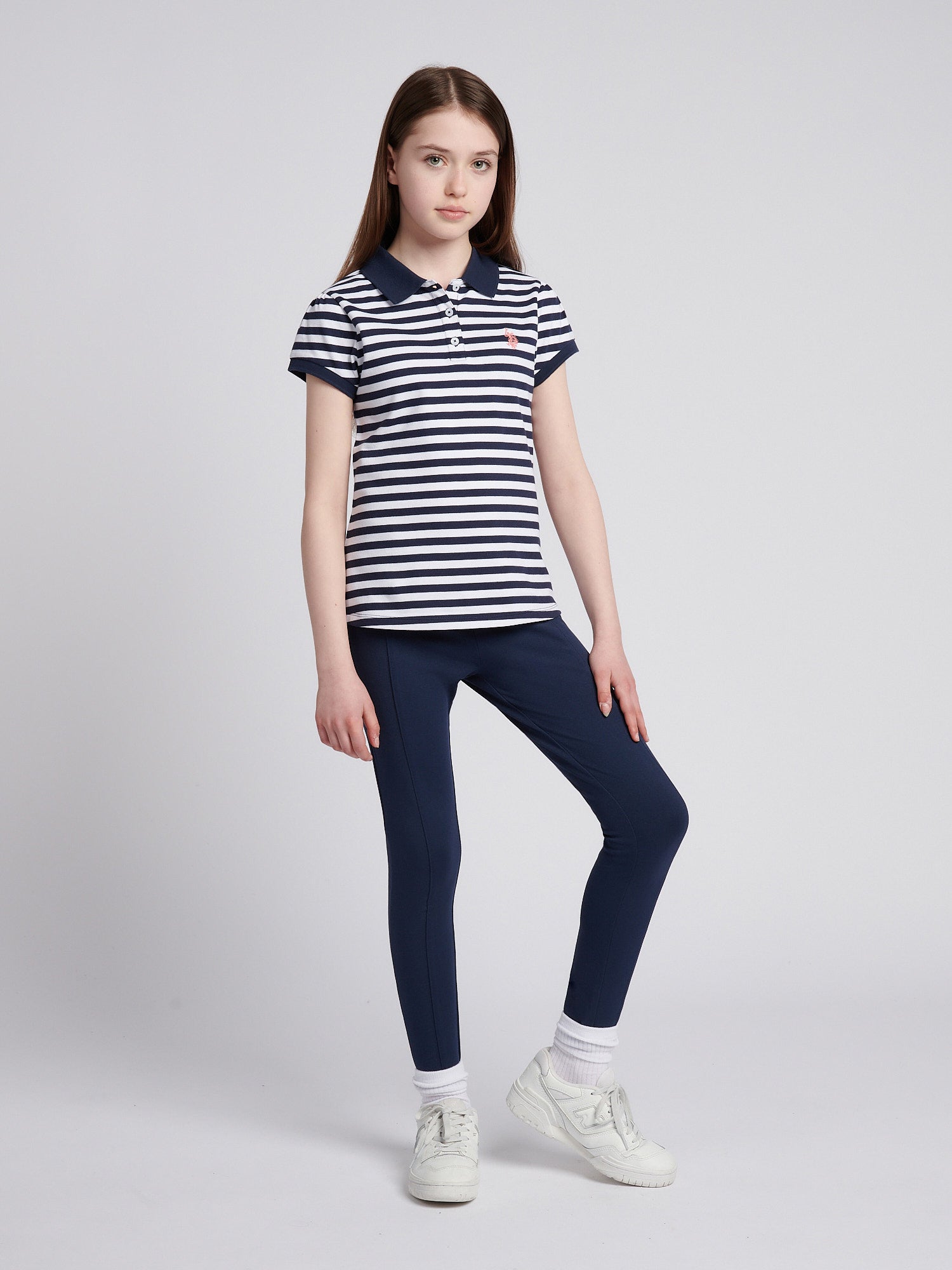 Girls Cap Sleeve Stripe Polo Shirt in Navy Iris
