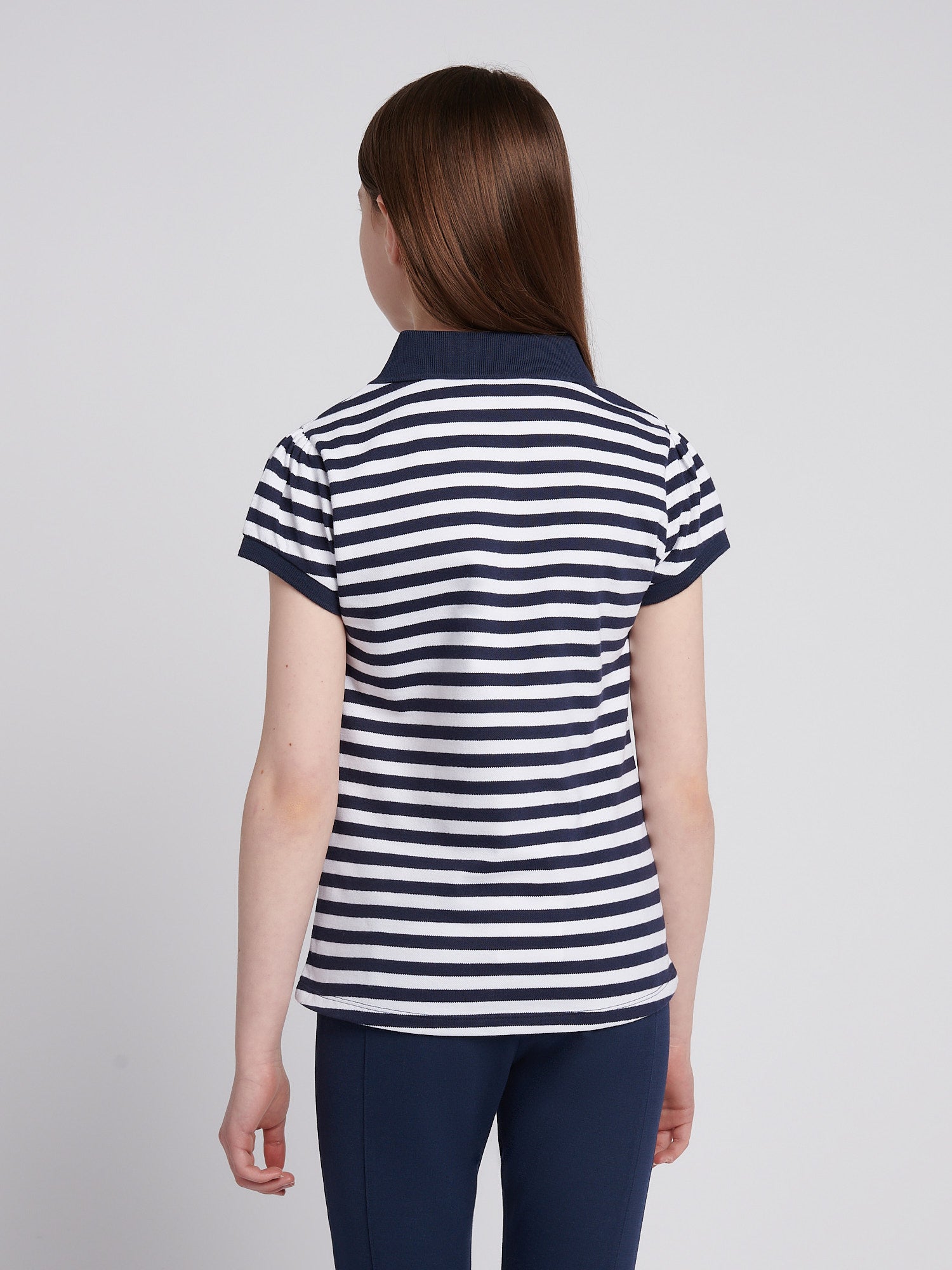 Girls Cap Sleeve Stripe Polo Shirt in Navy Iris