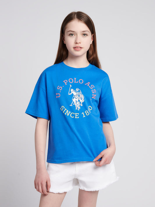 Girls Graphic Loose Fit T-Shirt in Strong Blue