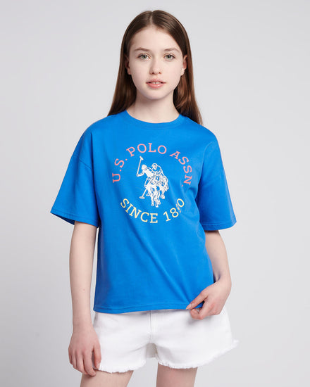 Girls Graphic Loose Fit T-Shirt in Strong Blue