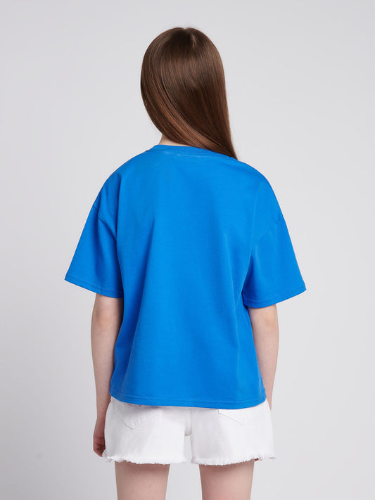 Girls Graphic Loose Fit T-Shirt in Strong Blue