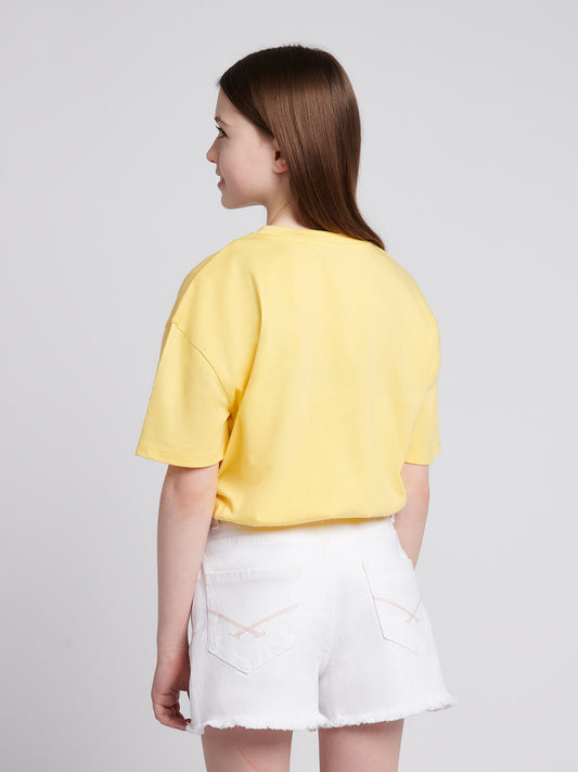 Girls Rounded Elastic Hem Graphic T-Shirt in Sunshine
