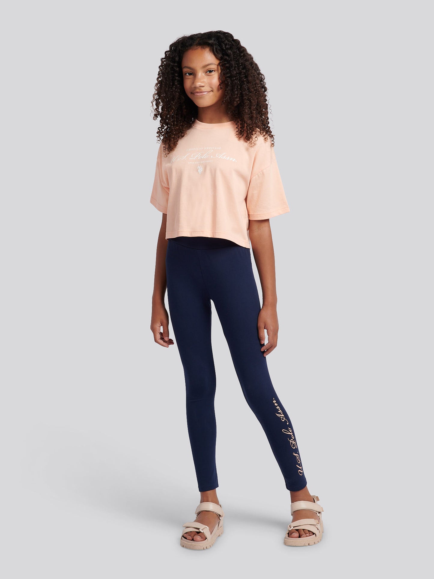 Girls Script Boxy Fit T-Shirt & Legging Set in Peach Nectar