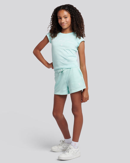 Girls Script Graphic T-Shirt & Sweat Short Set in Blue Light